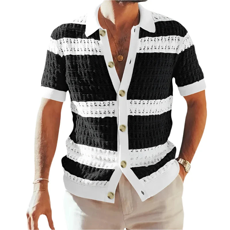 Men Casual Summer Loose Knitted Striped Shirt | Short Sleeve Buttoned Lapel Knit Cardigan Black