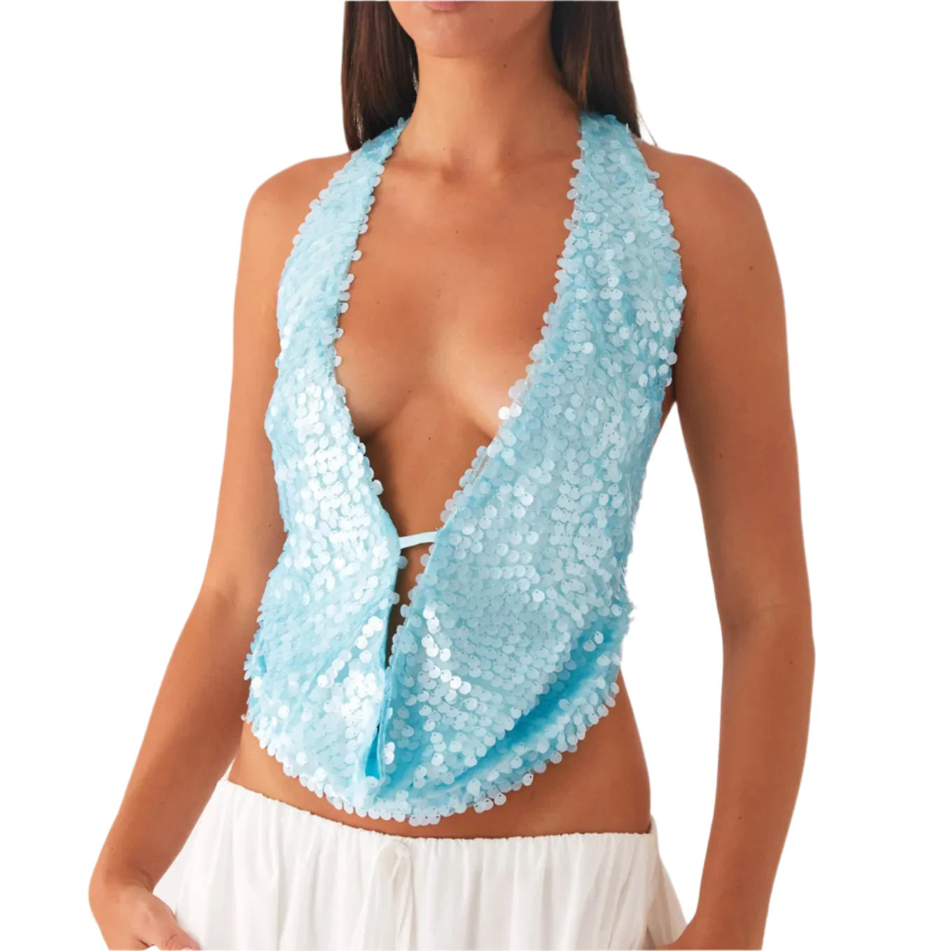 Women Sequin Halter Top | Sleeveless Deep V Neck | Backless Glitter Tank Top Sky Blue