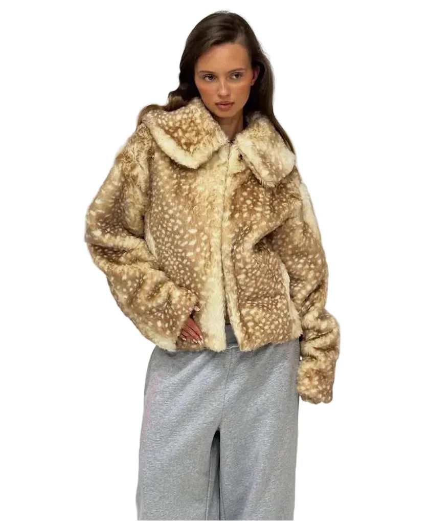 Women Deer Print Fur Coat | Short Coat | Vintage Fur Coat Brown