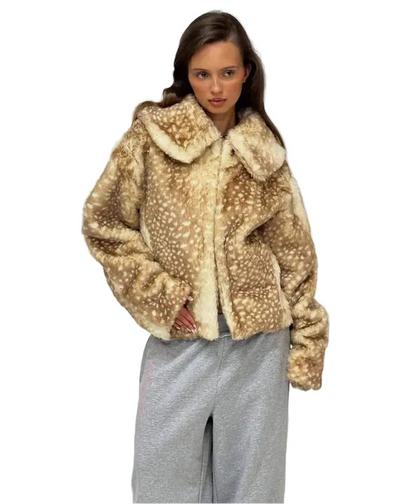 Women Deer Print Fur Coat | Short Coat | Vintage Fur Coat Brown