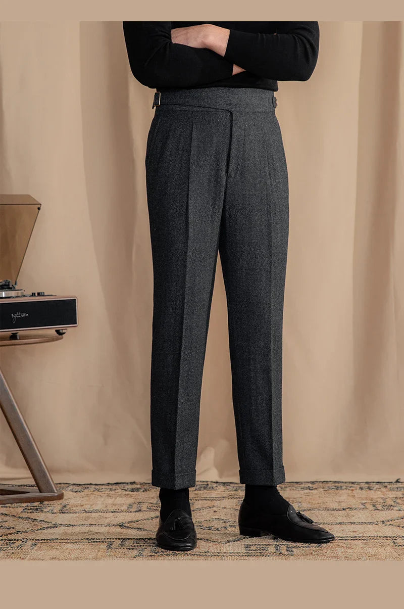 Men Vintage Wool Herringbone Pattern Pants | Casual | British | Warm | High Waist | Straight Pants