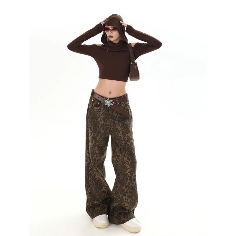 Women Leopard Jeans | Cheetah Jeans | Wide Leg Denim Pants | Cheetah Pants