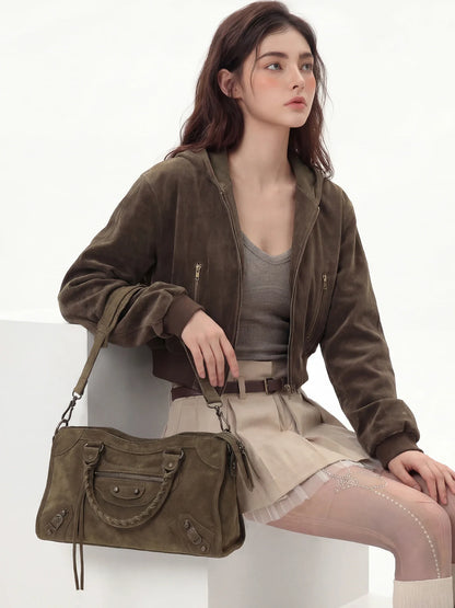 Women Paris Retro Motorcycle Bag | Large Capacity | Suede Leather Bag | Crossbody