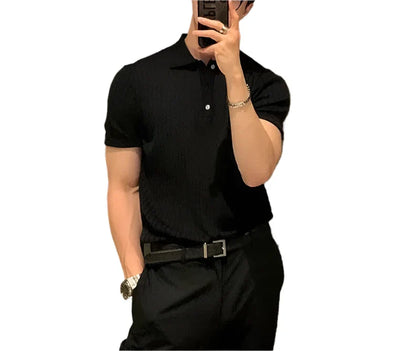 Men Retro Ribbed Polo Shirt | Knitted Short Sleeve Solid Polo T-shirt | Striped Knitwear black