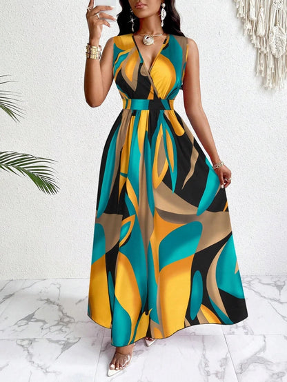 Nova | Women's V-Neck Sleeveless Abstract Print Maxi Dress