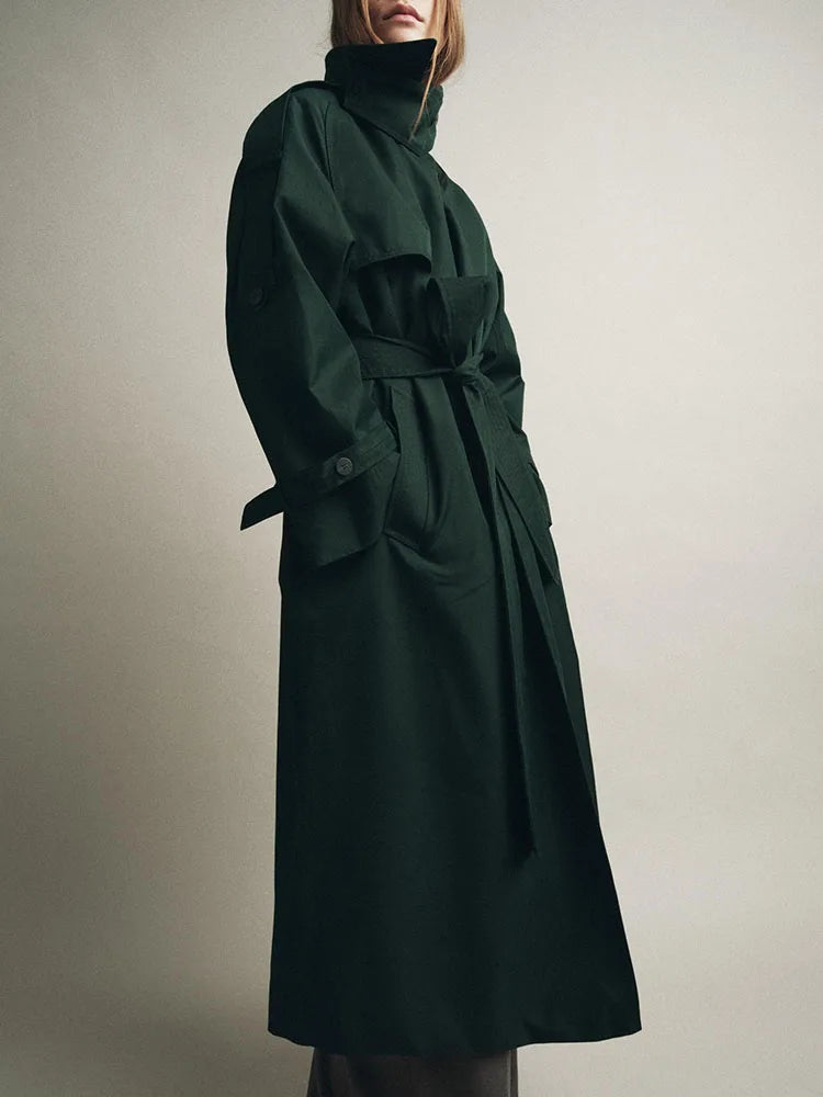 Women Dark Green Trench Coat | Long Coat | Loose | Autumn | Belted