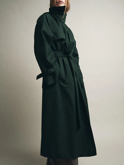 Women Dark Green Trench Coat | Long Coat | Loose | Autumn | Belted