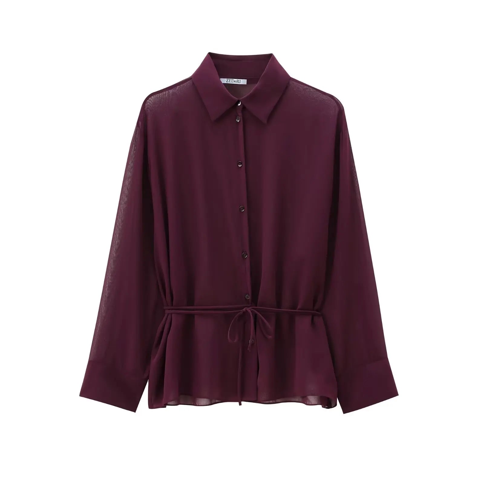 Women Burgundy Blouse | Lapel Bowknot Decorated Drape | Long Sleeve Slim Waist Shirt Burgundy