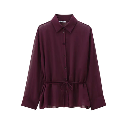 Women Burgundy Blouse | Lapel Bowknot Decorated Drape | Long Sleeve Slim Waist Shirt Burgundy