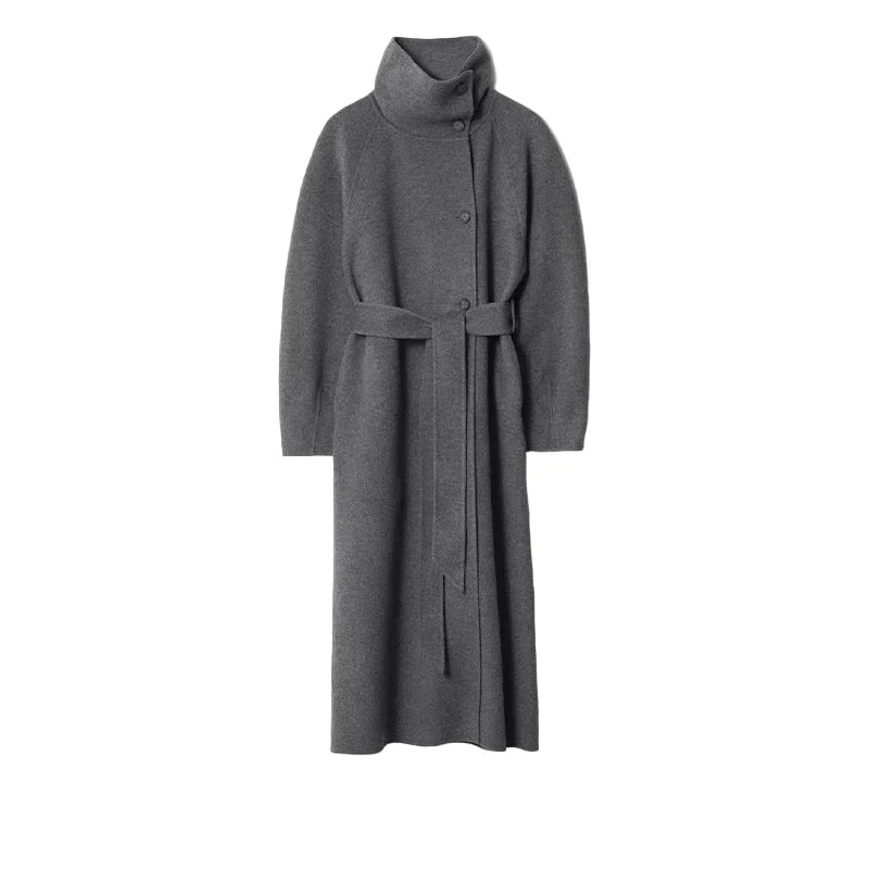 Women Long Cotton Coat | Stand Collar | Single Breasted Coat With Belt gray