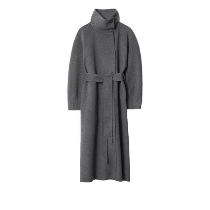 Women Long Cotton Coat | Stand Collar | Single Breasted Coat With Belt gray