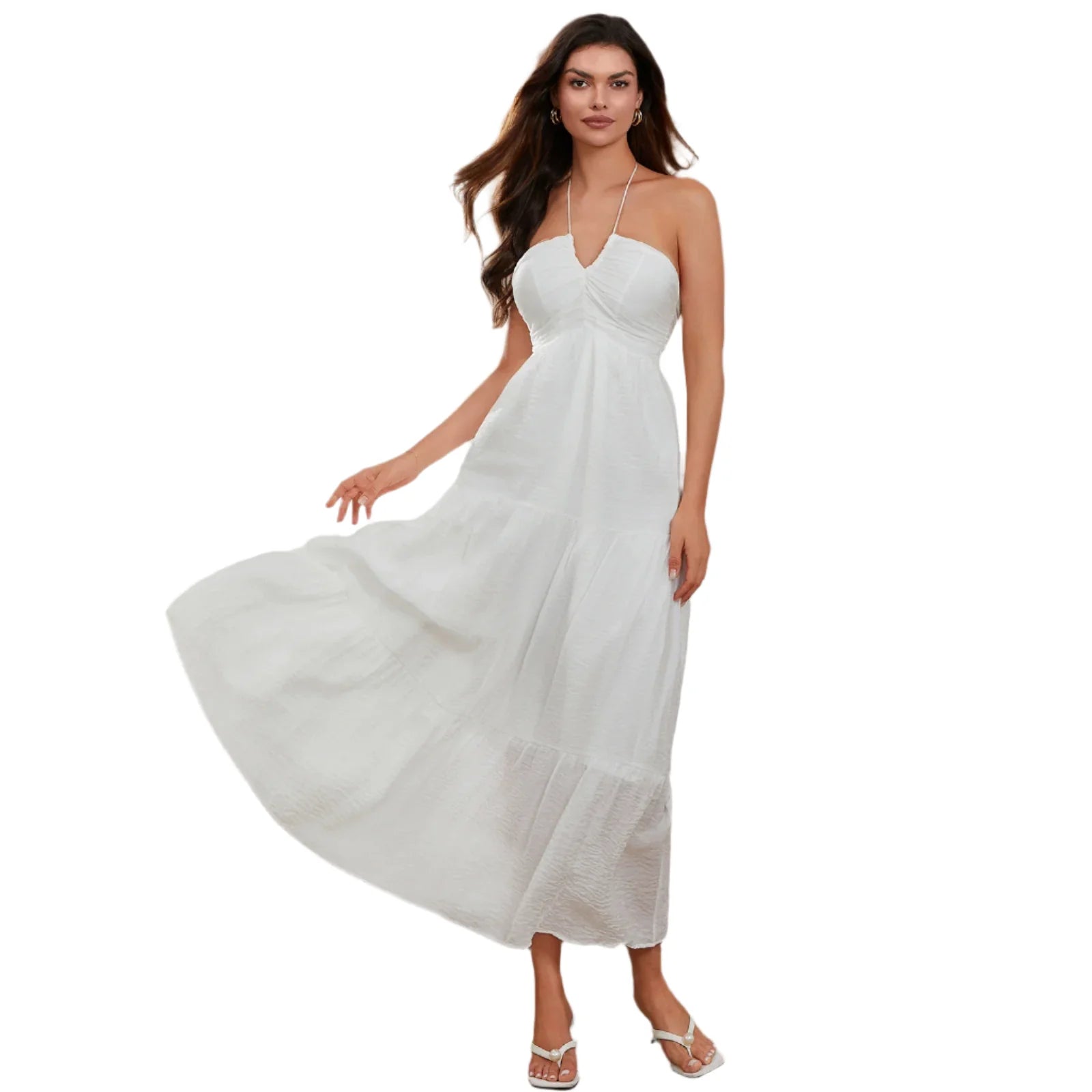 Women Bohemian Summer Tie-Up Halter Dress | Beach Flowy Dress | Sleeveless Backless Ruffled A-line Long Dress white