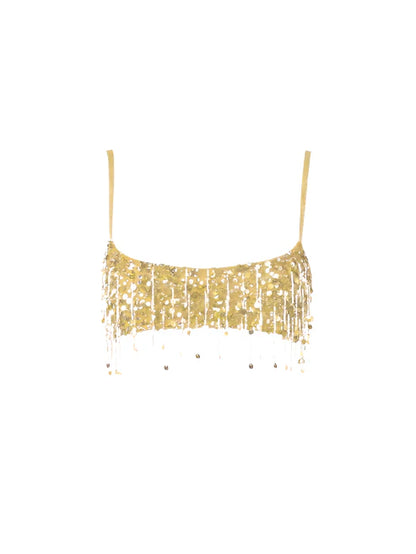 Women Summer Tassel Top With Mini Skirt Set | Sequin Crop Top | Backless | Beach Holiday yellow Top