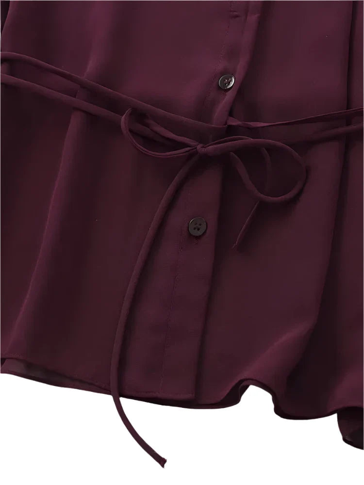 Women Burgundy Blouse | Lapel Bowknot Decorated Drape | Long Sleeve Slim Waist Shirt