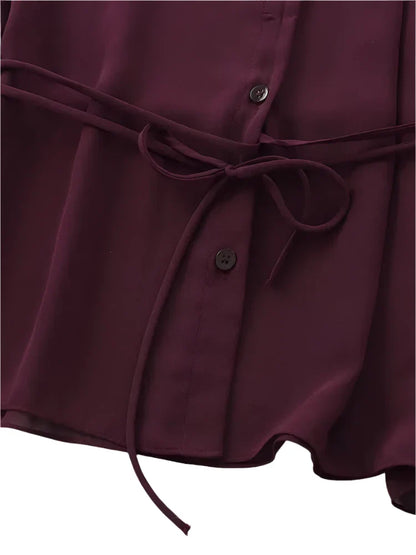 Women Burgundy Blouse | Lapel Bowknot Decorated Drape | Long Sleeve Slim Waist Shirt