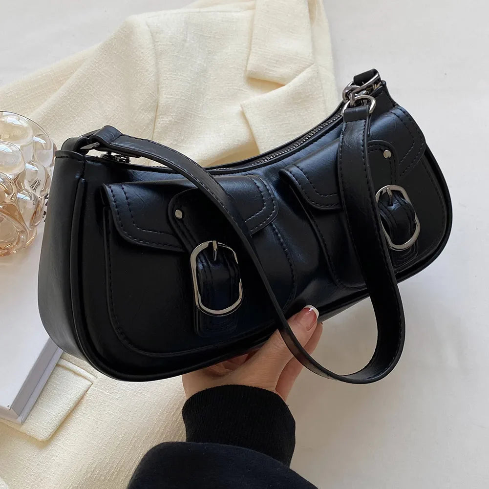 Women Vintage Double Pockets Shoulder Bag | Leather Bag Black