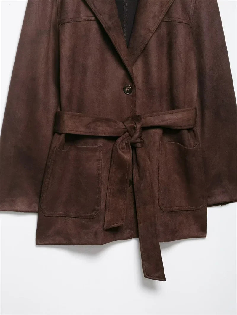 Women Brown Jacket | Long Sleeve | Suede | Belt Jacket