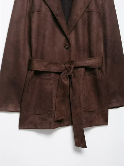 Women Brown Jacket | Long Sleeve | Suede | Belt Jacket