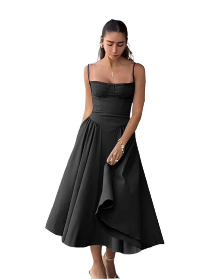 Women Pleated Sling Summer Dress Black