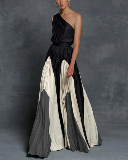 Vivienne | Women's One Shoulder Color Block Pleated Maxi Dress