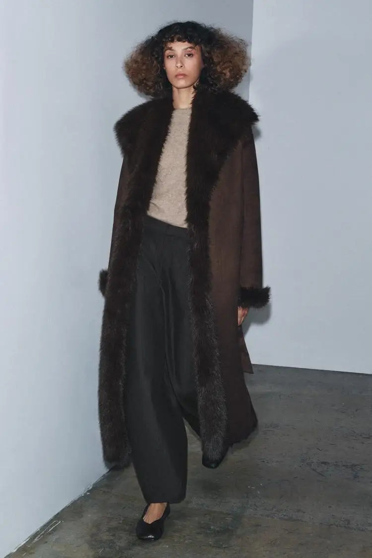 Women Winter Long Coat | Fur Collar | Belted | Mid-Length