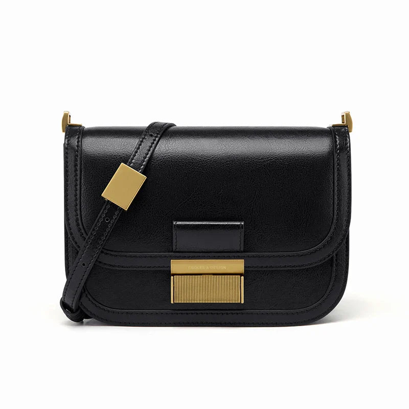 Women Vintage Genuine Leather Flap Bag Black