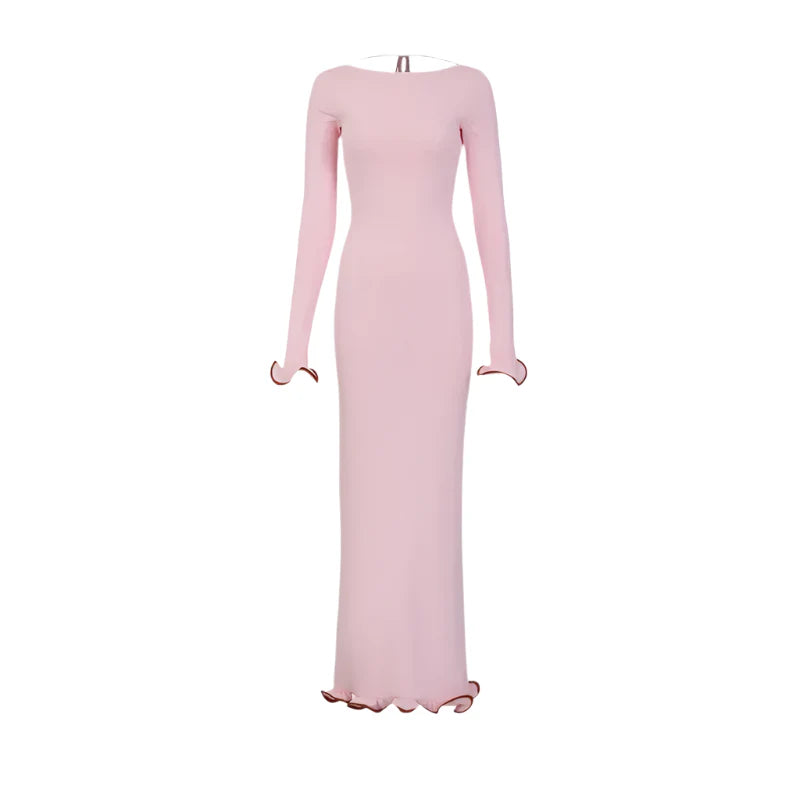 Women Color Contrast Knitted Maxi Dress | Long Sleeves Party Dress Pink