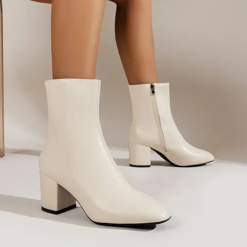 Women Leather Ankle Boots | Zipper Closure | Mid-Heel