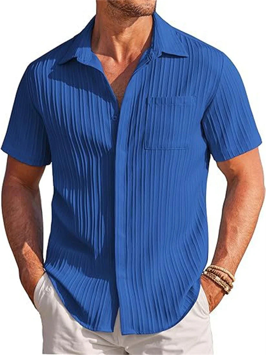 Men Short-Sleeved Cotton Summer Shirt | Casual Beach Button Down Shirt | Solid Color royal blue