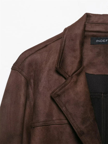 Women Brown Jacket | Long Sleeve | Suede | Belt Jacket