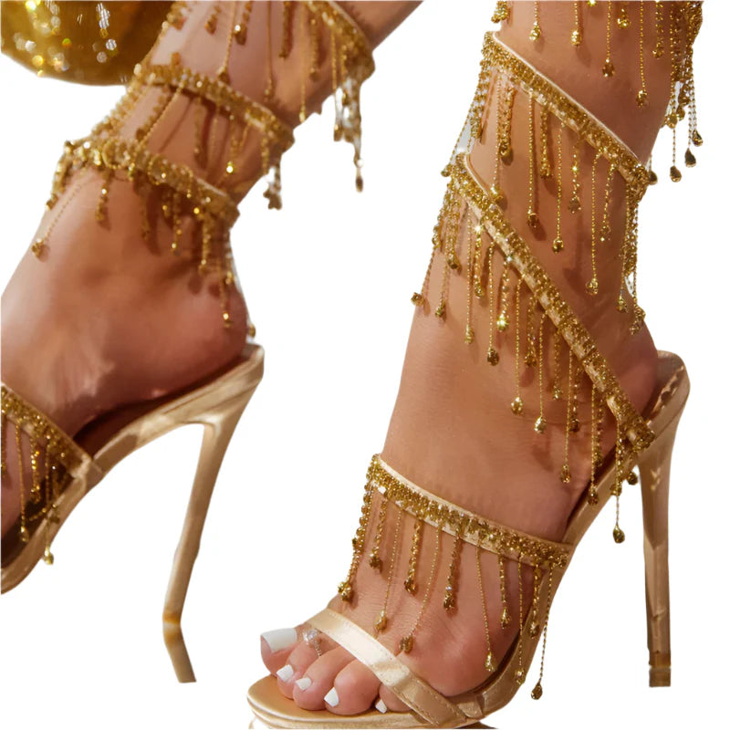 Elegant Women Wedding Shoes | Tassel Stiletto Sandals | Golden Golden