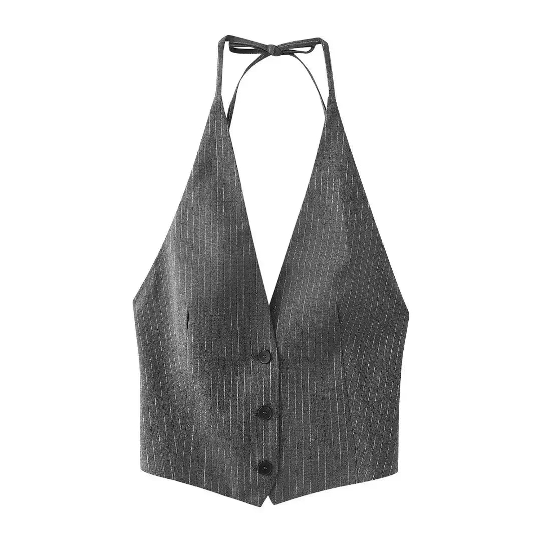 Women's Striped Sleeveless Waistcoat | Vintage V-Neck Backless Lace Up Vest | Chic Vest Tank Top Grey