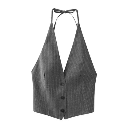 Women's Striped Sleeveless Waistcoat | Vintage V-Neck Backless Lace Up Vest | Chic Vest Tank Top Grey