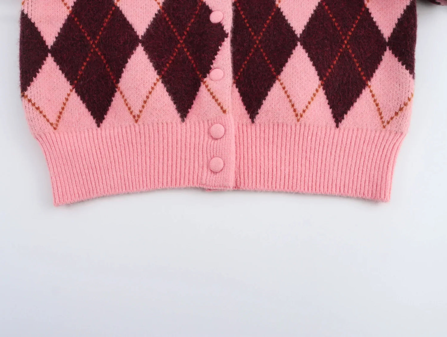 Women Argyle Cardigan | Casual | Knitted | Elegant Sweater | Long Sleeve | Knitwear