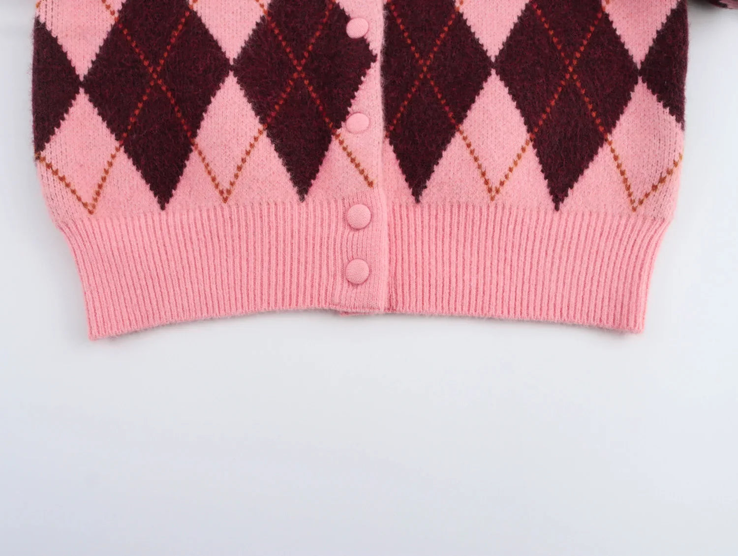 Women Argyle Cardigan | Casual | Knitted | Elegant Sweater | Long Sleeve | Knitwear