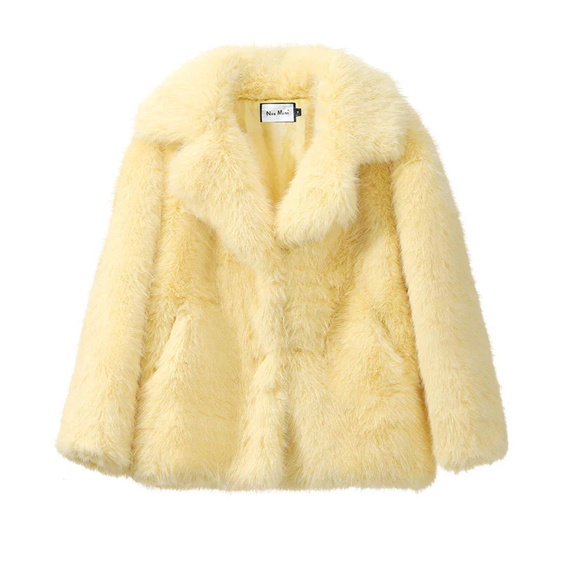 Women Winter Luxury Long Fur Coat | Thick Warm Fur Overcoat yellow