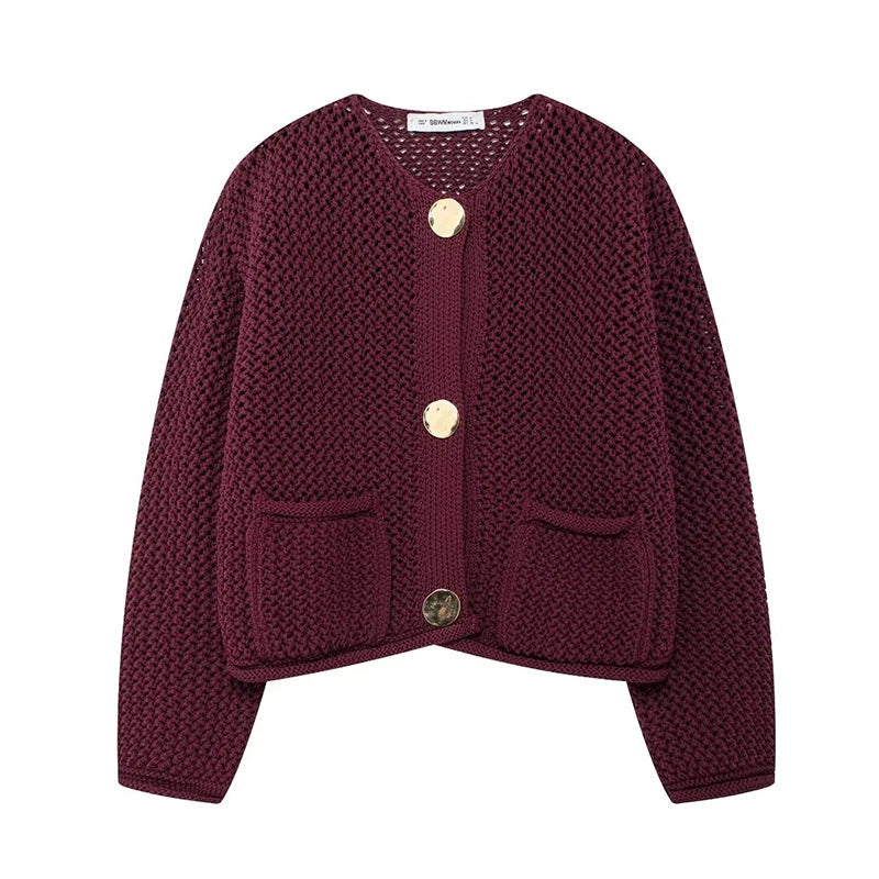 Women Short Knitted Cardigan Burgundy