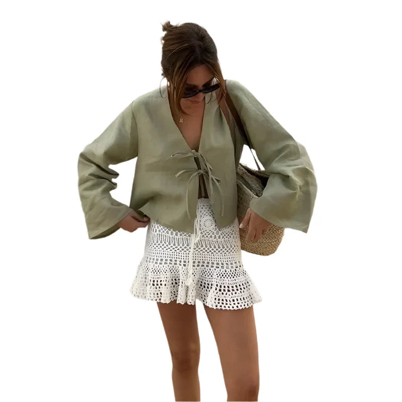 Women V-Neck Lace Up Shirt | Summer Casual Long Sleeve Blouse | Beach Chic Top Green