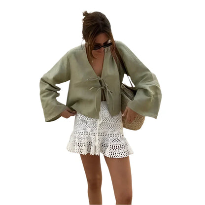 Women V-Neck Lace Up Shirt | Summer Casual Long Sleeve Blouse | Beach Chic Top Green