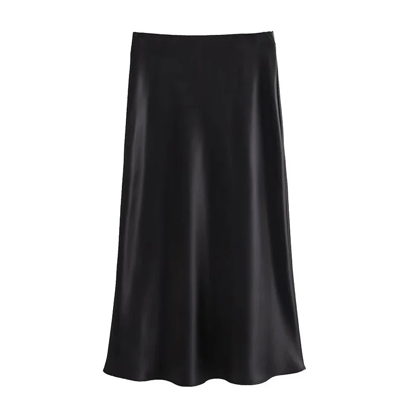 Women Long High Waist Satin Skirt | Office Midi Skirt black