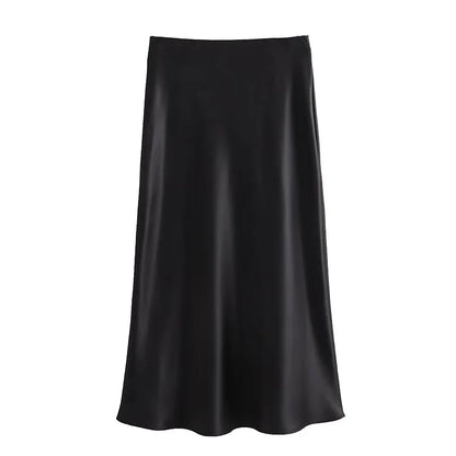 Women Long High Waist Satin Skirt | Office Midi Skirt black