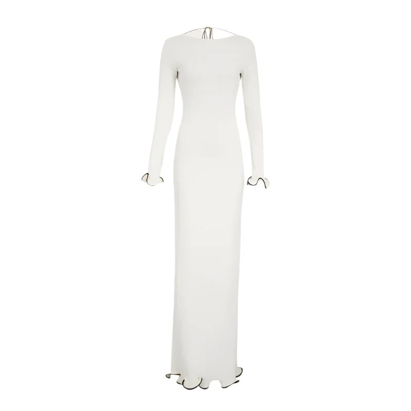 Women Color Contrast Knitted Maxi Dress | Long Sleeves Party Dress White