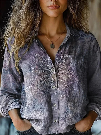 Autumn | Women's Vintage Floral Print Long Sleeve Button-Down Shirt