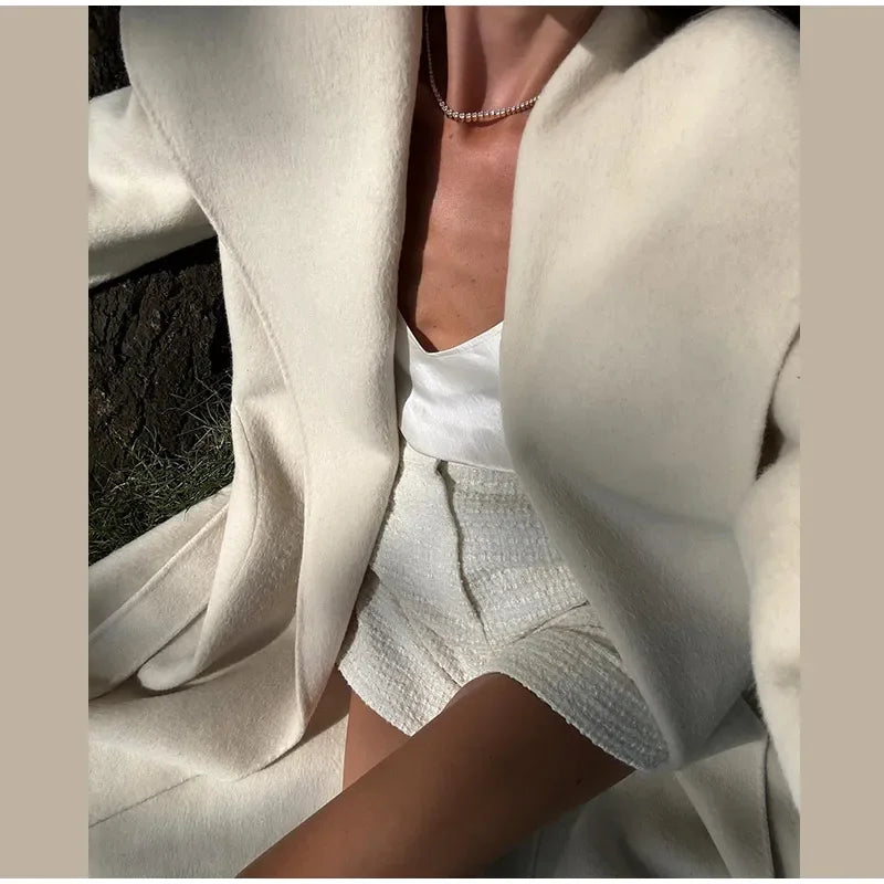 Women Shawl Collar Woolen Coat With Belt | Loose Long Sleeve | Overcoat | Winter Coat