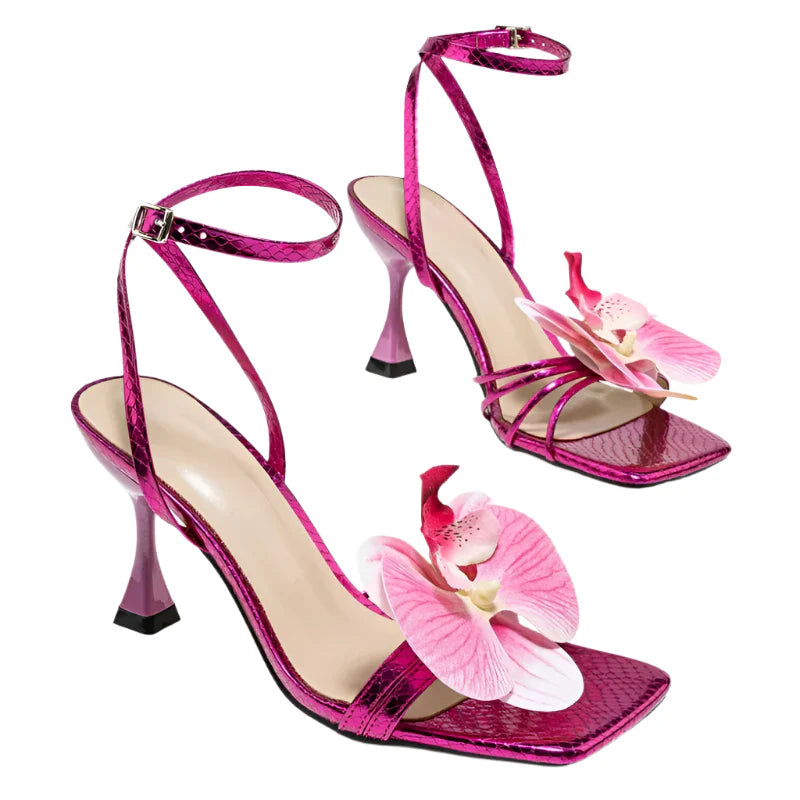 Women Flower Square Toe High Heel | Party Heels | Summer Sandals Hot Pink