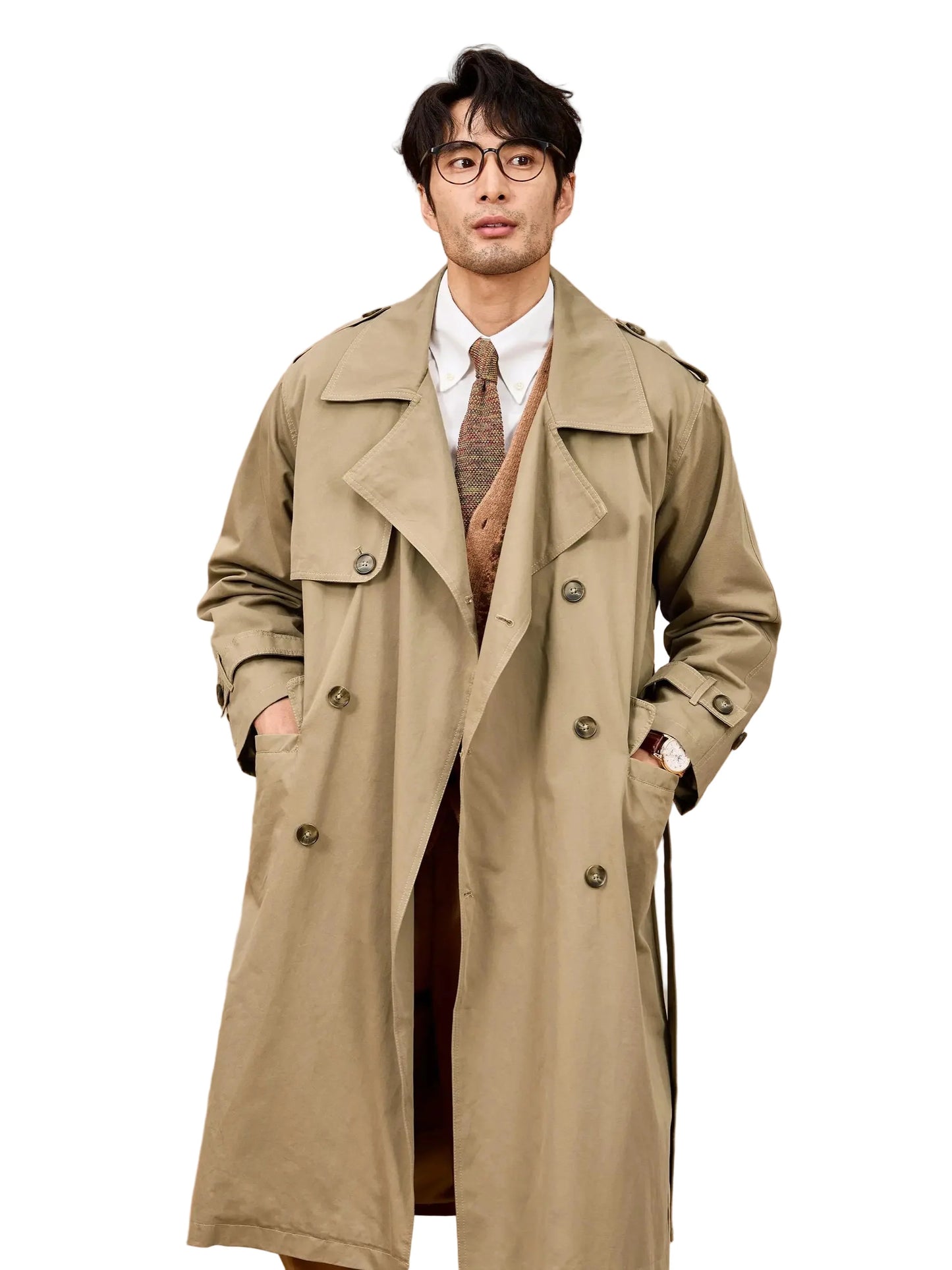 Men Long Trench Coat | Double Breasted | British Style | Spring | Autumn Khaki