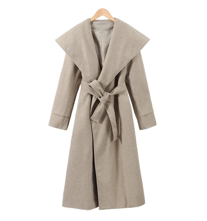 Women Shawl Collar Woolen Coat With Belt | Loose Long Sleeve | Overcoat | Winter Coat Light Sand