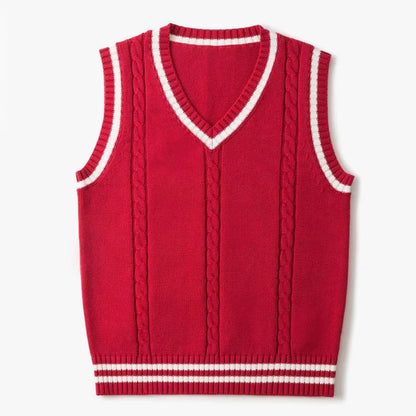 Men V-Neck Sleeveless Knitted Striped Sweater Vest | Retro Style Knit Red