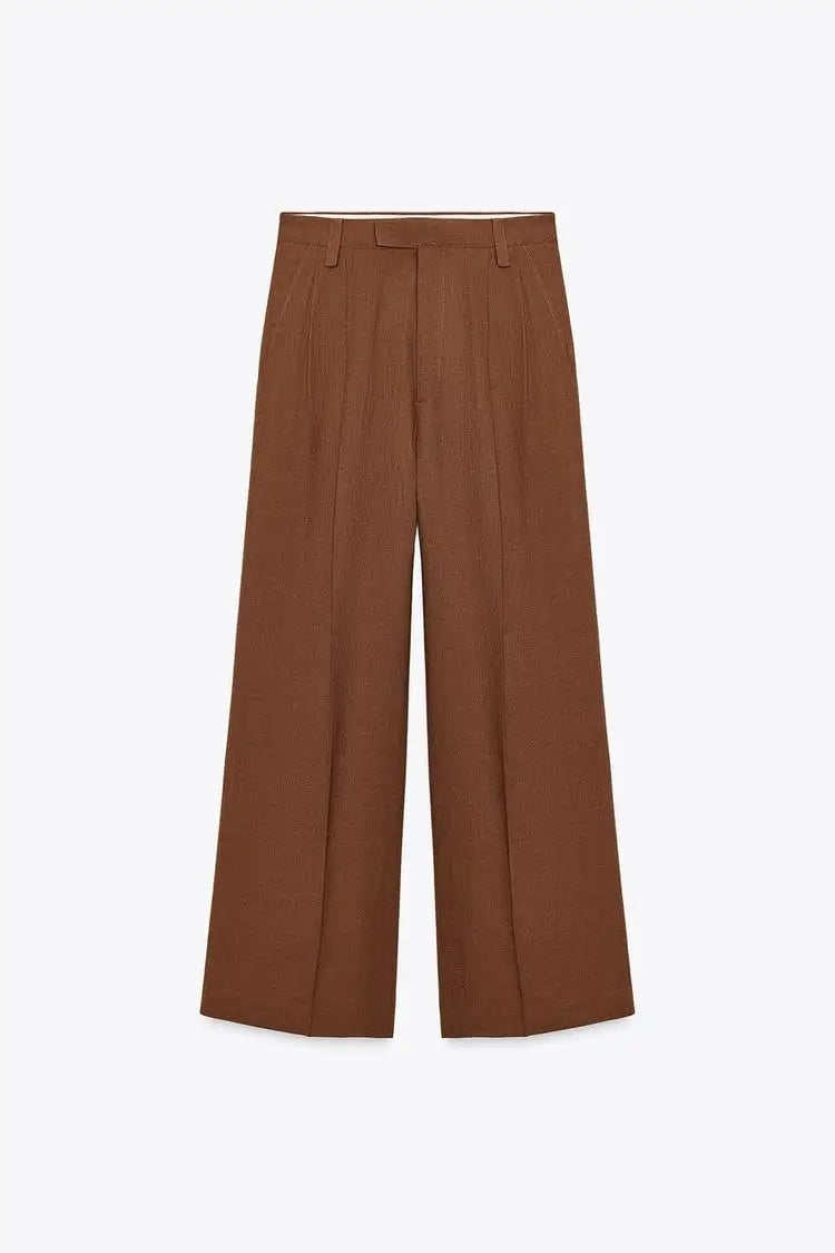 Women Brown Casual Pleated Pants | V Neck Vest Top | Set