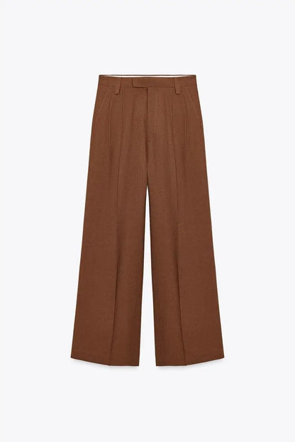 Women Brown Casual Pleated Pants | V Neck Vest Top | Set